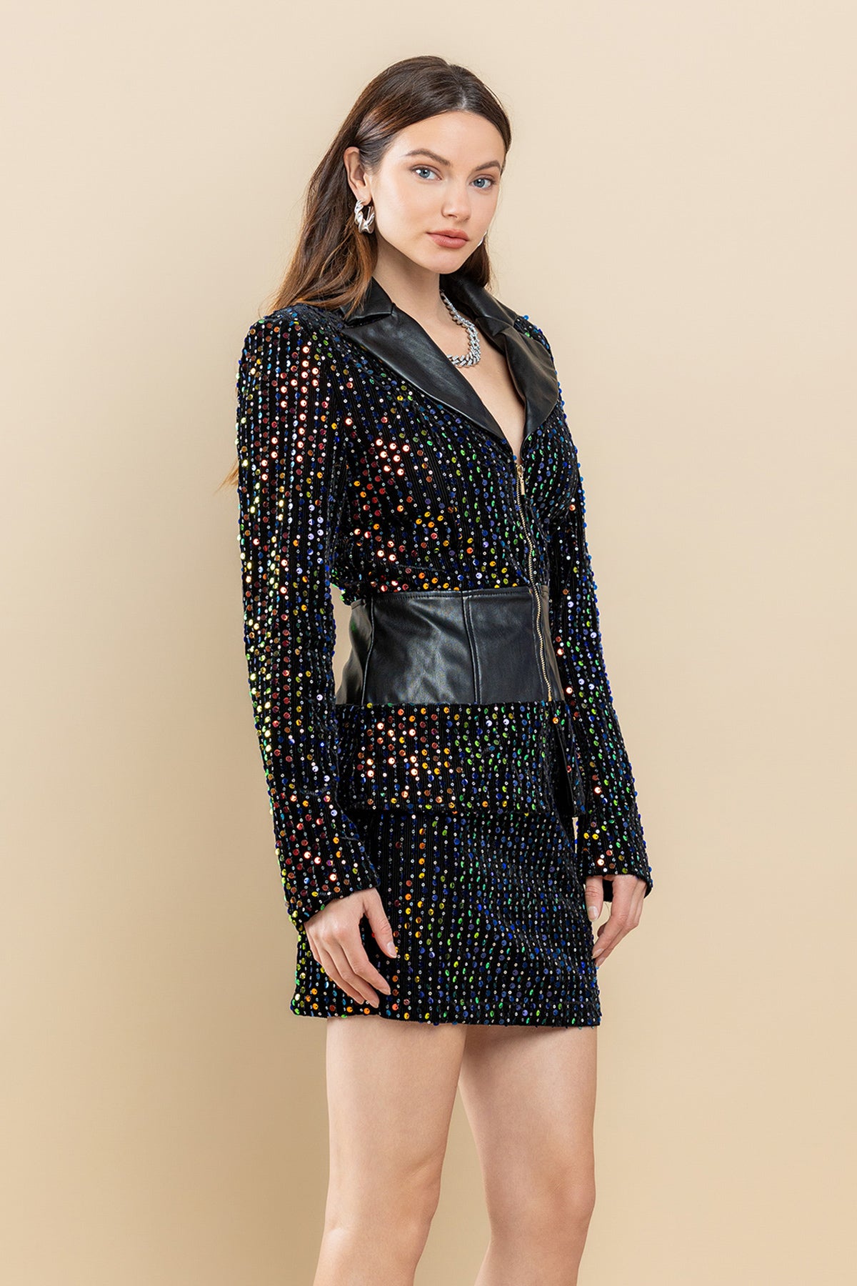 Sequin Zip Up Long Sleeve Jacket Shirt Set