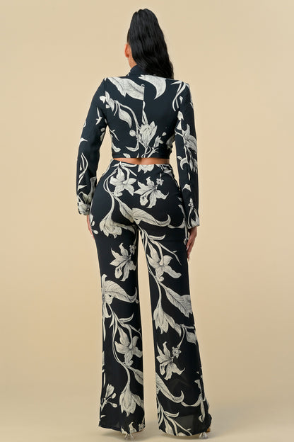 Pant Suit Long Sleeve Crop Blazer Print Pant Set Black Print