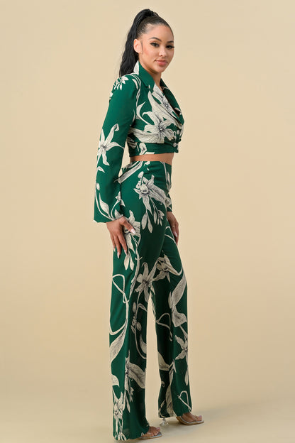 Pant Suit Long Sleeve Crop Blazer Print Pant Set Green Print