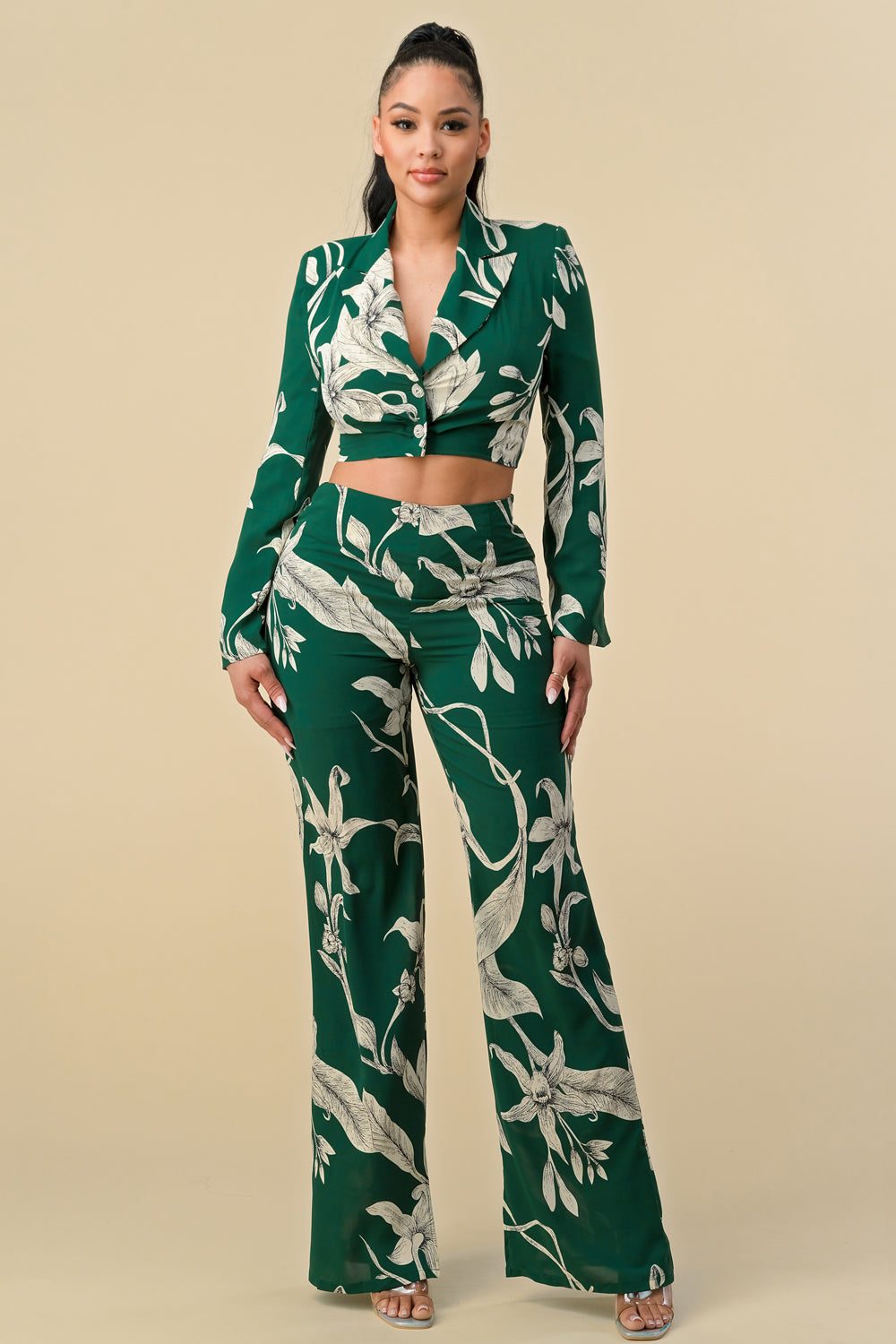 Pant Suit Long Sleeve Crop Blazer Print Pant Set Green Print