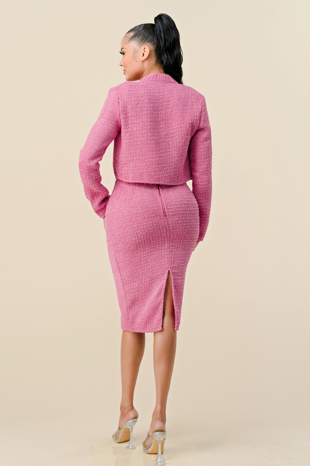 Pant Suit Three Piece Jacket Knee Length Skirt Set Pink