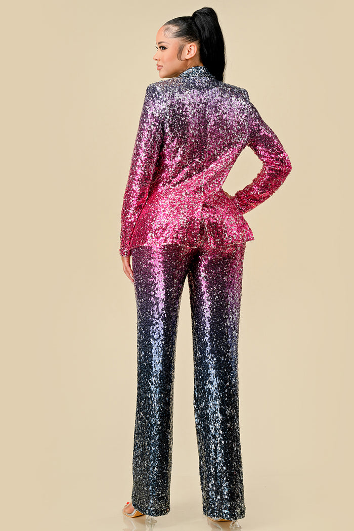 Pant Suit Sequins Ombre Jacket Pant Set Pink Ombre