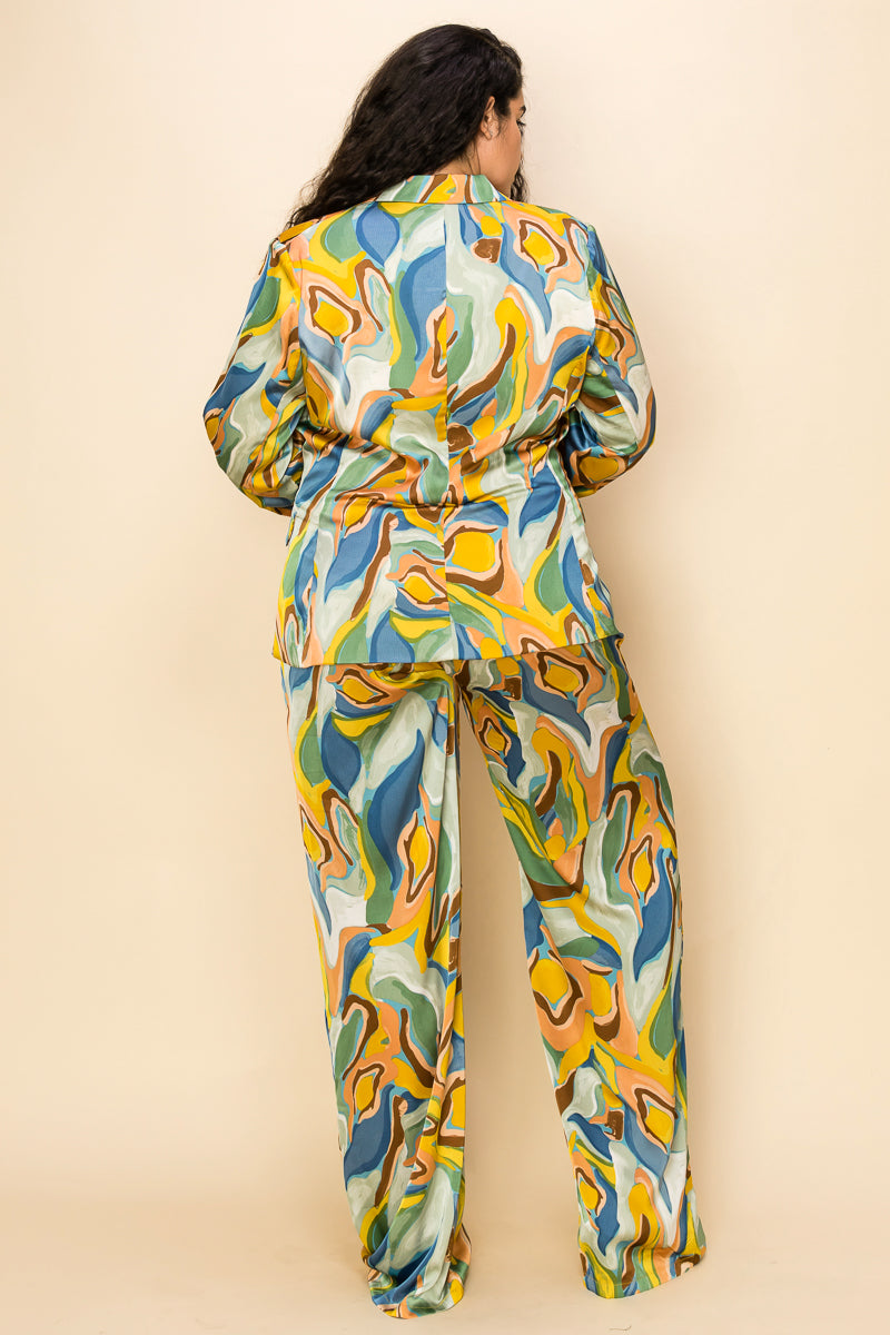 Plus Size One Button Printed Jacket Pant Set