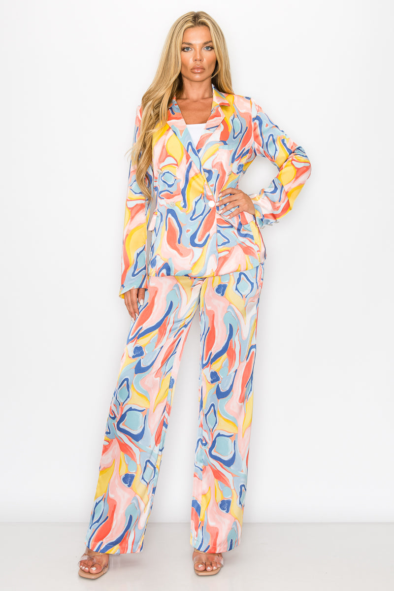 Pant Suit One Button Printed Blazer Pant Set Pink/Blue
