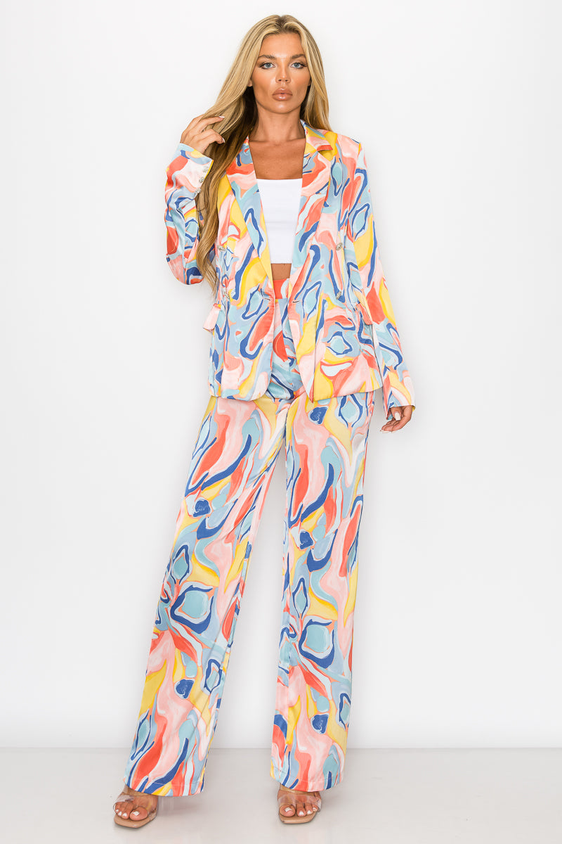 Pant Suit One Button Printed Blazer Pant Set Pink/Blue
