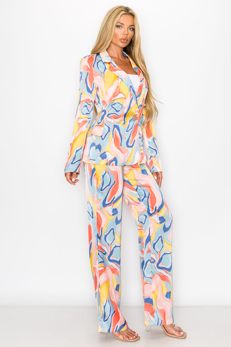 Pant Suit One Button Printed Blazer Pant Set  Pink/Blue