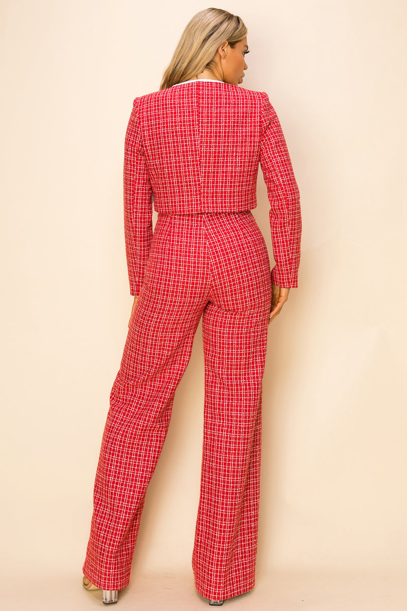 Pant Suit Long Sleeve Blazer Crop Shirt Pant 3 Piece Set Red/Off White