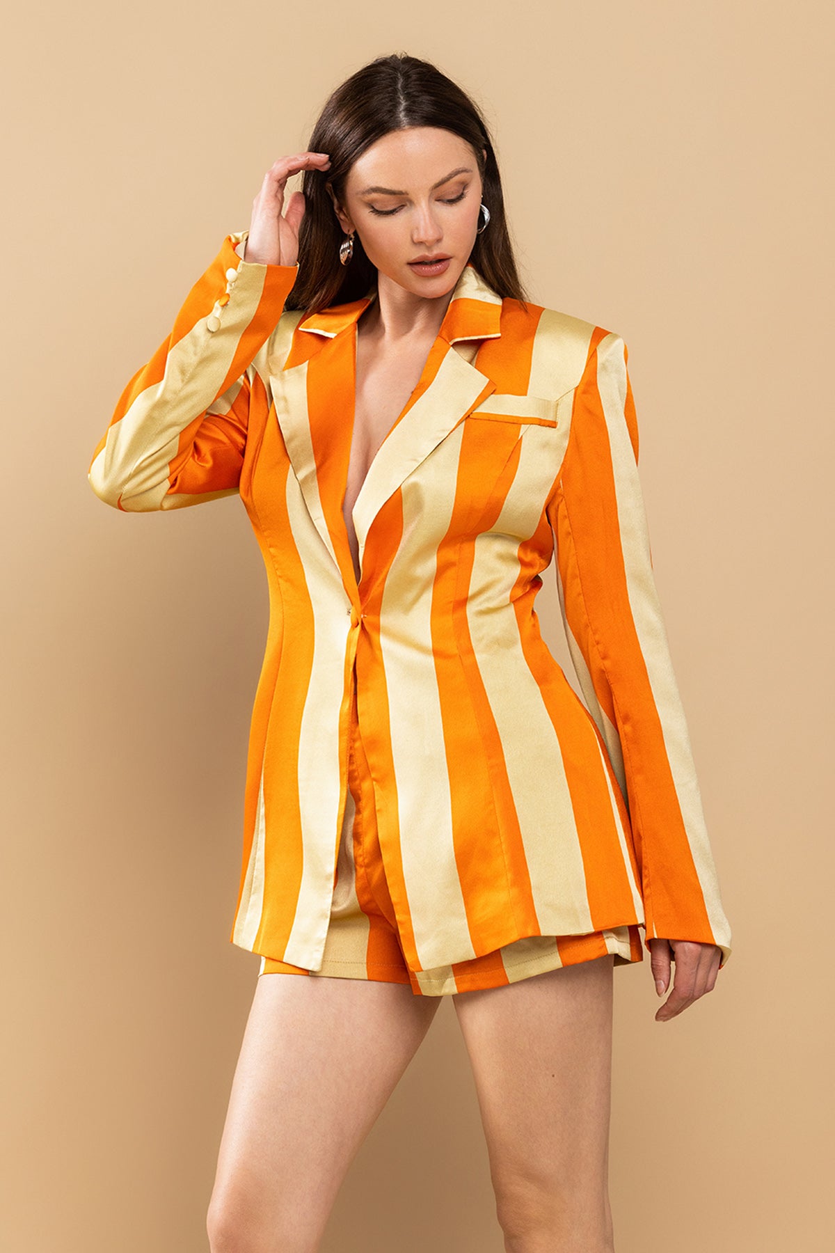 Pant Suit Long Sleeve Jacket Short Set  Orange/Taupe