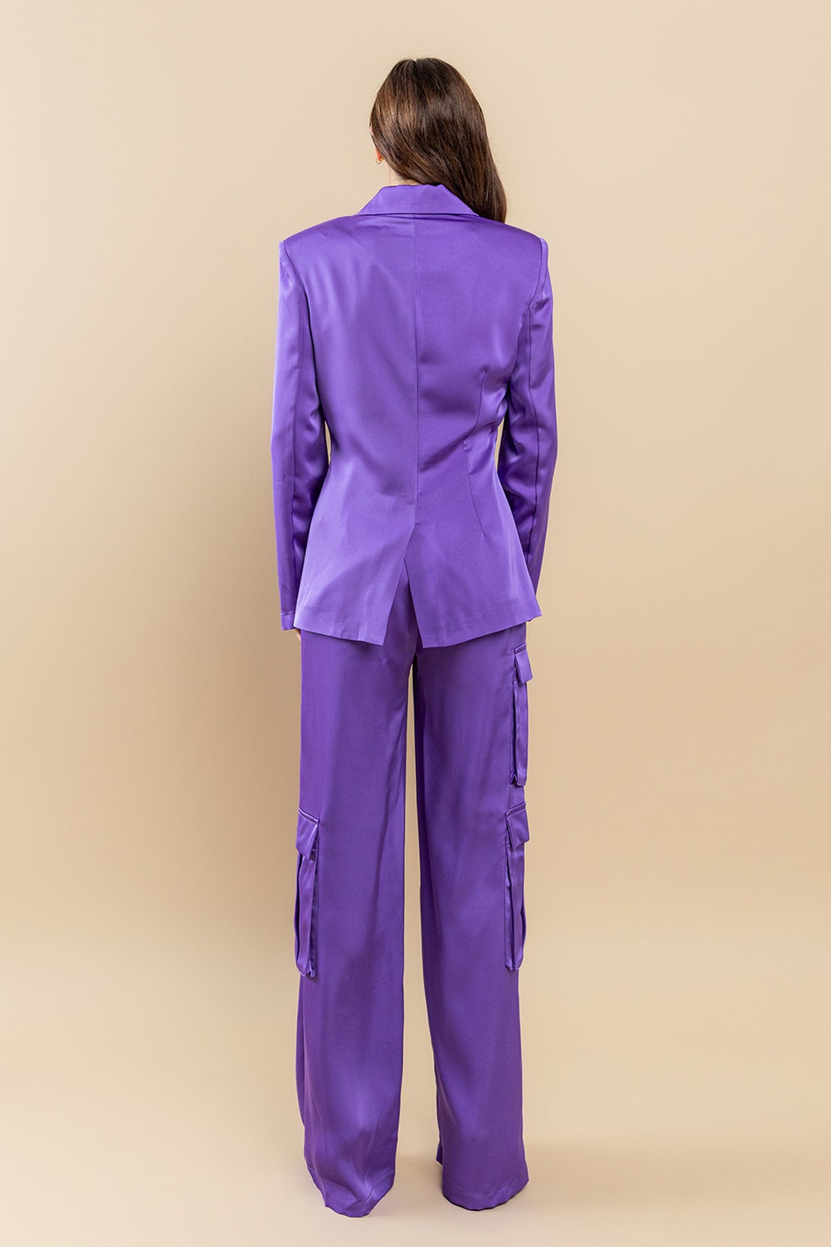 Pant Suit Solid Cargo Pocket Jacket Pant Set Violet