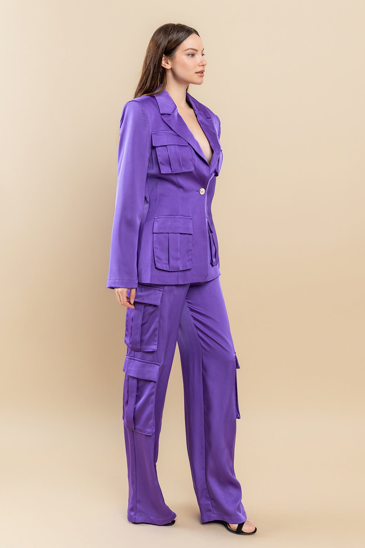 Violet Solid Cargo Pocket Jacket Pant Set for $99.99 – The Dress Outlet