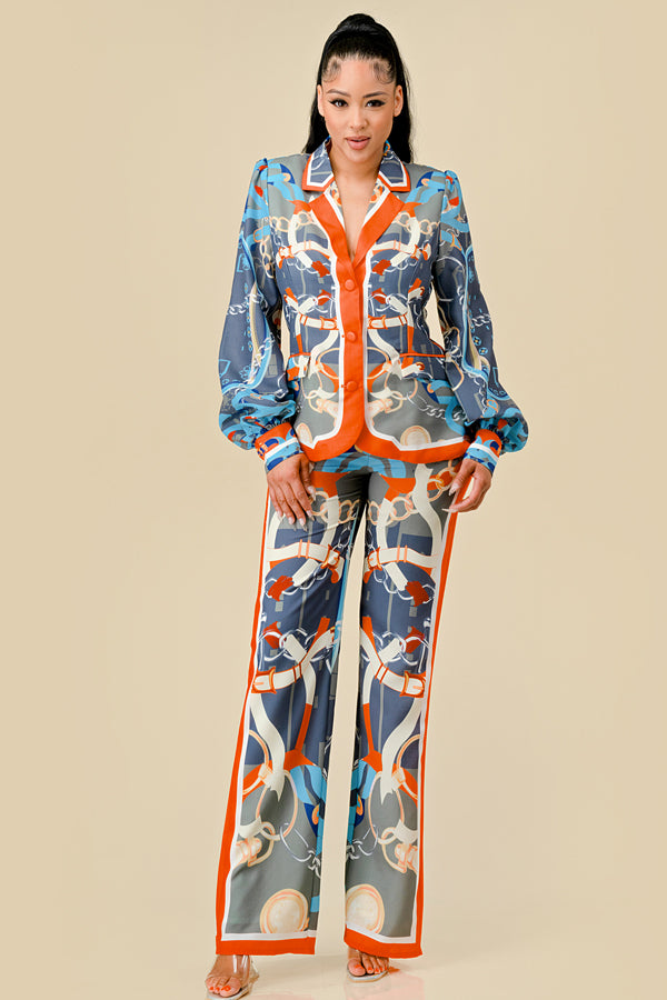 Pant Suit Printed Kimono Blazer Pant Set Charcoal/Orange