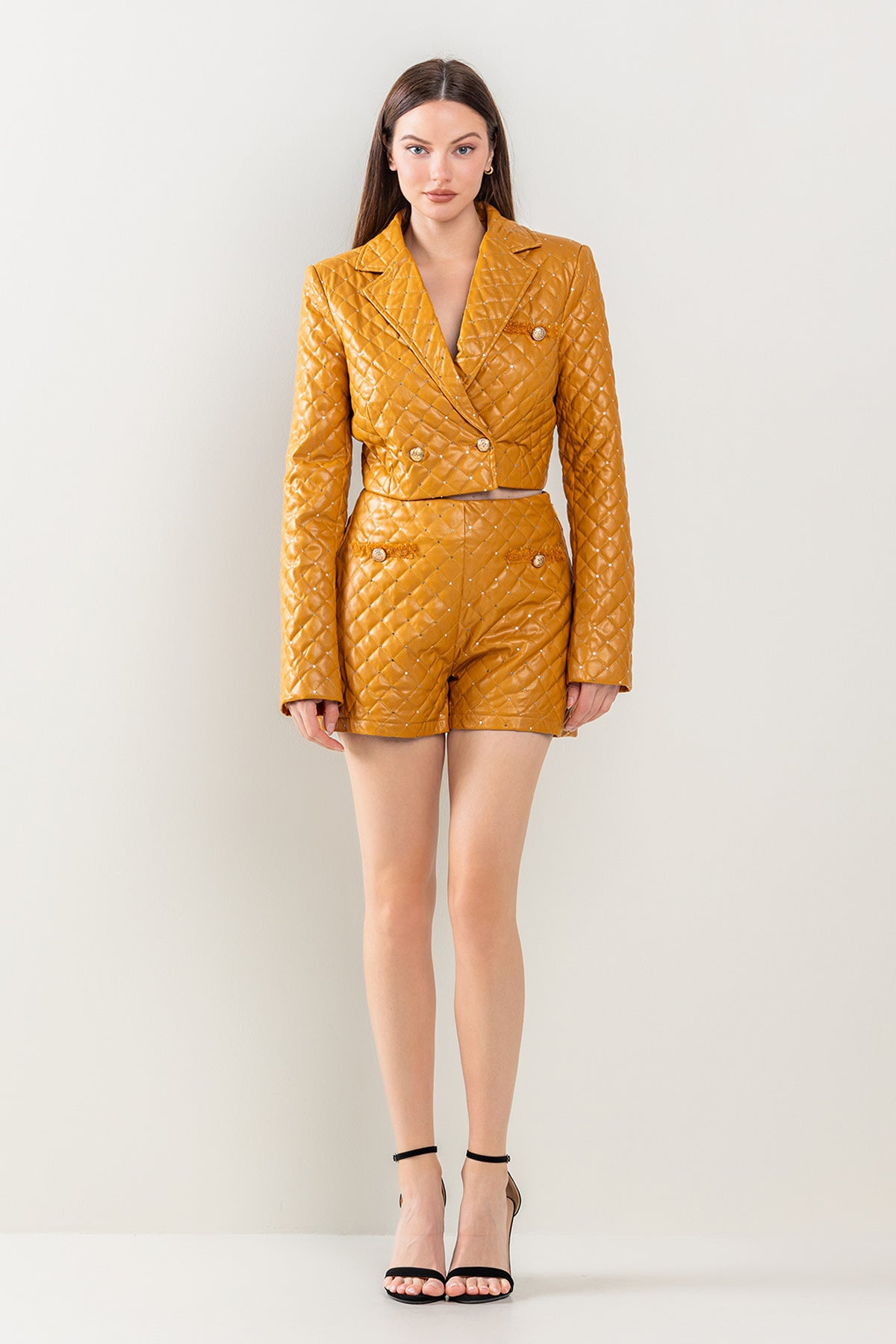 Pant Suit Quilted Jacket Short Set Mustard