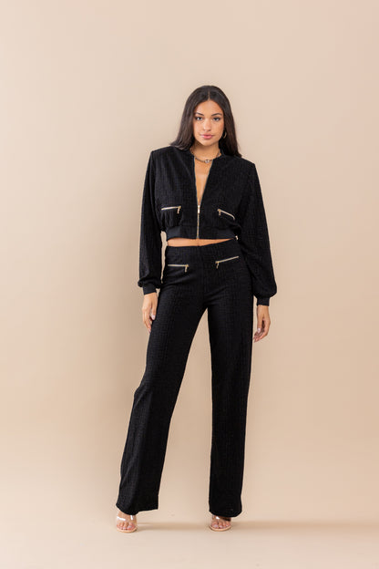 Pant Suit Gingham Pattern Zip Up Jacket Pant Set Black