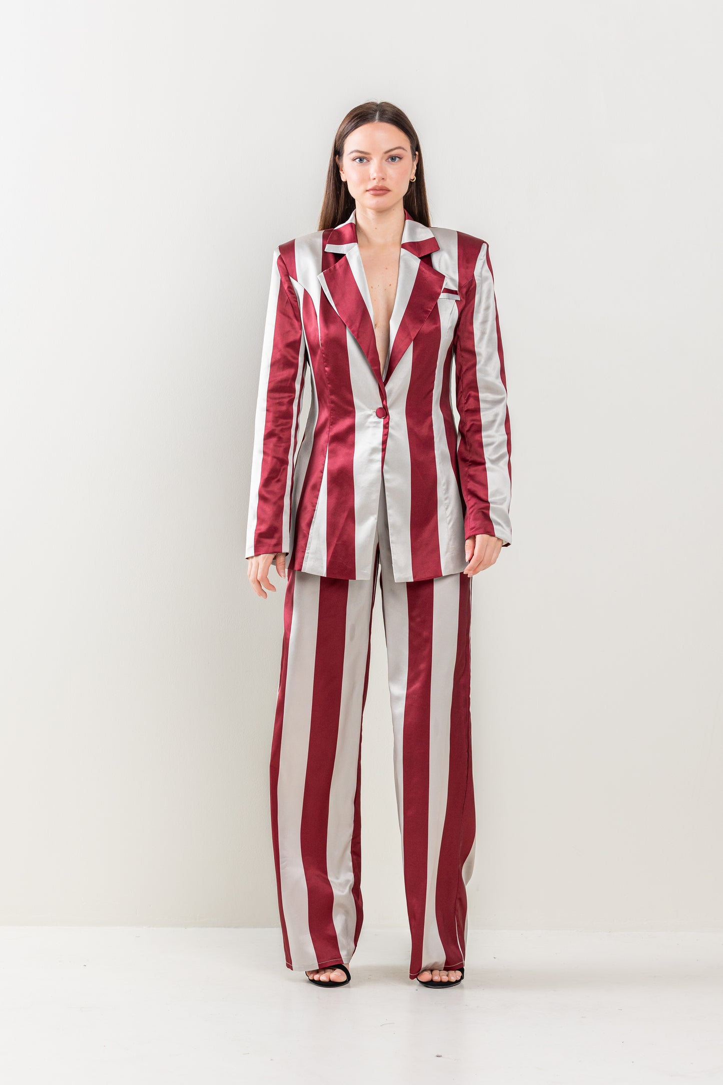 Pant Suit Stripe Jacket Long Pant Set Taupe/Burgundy