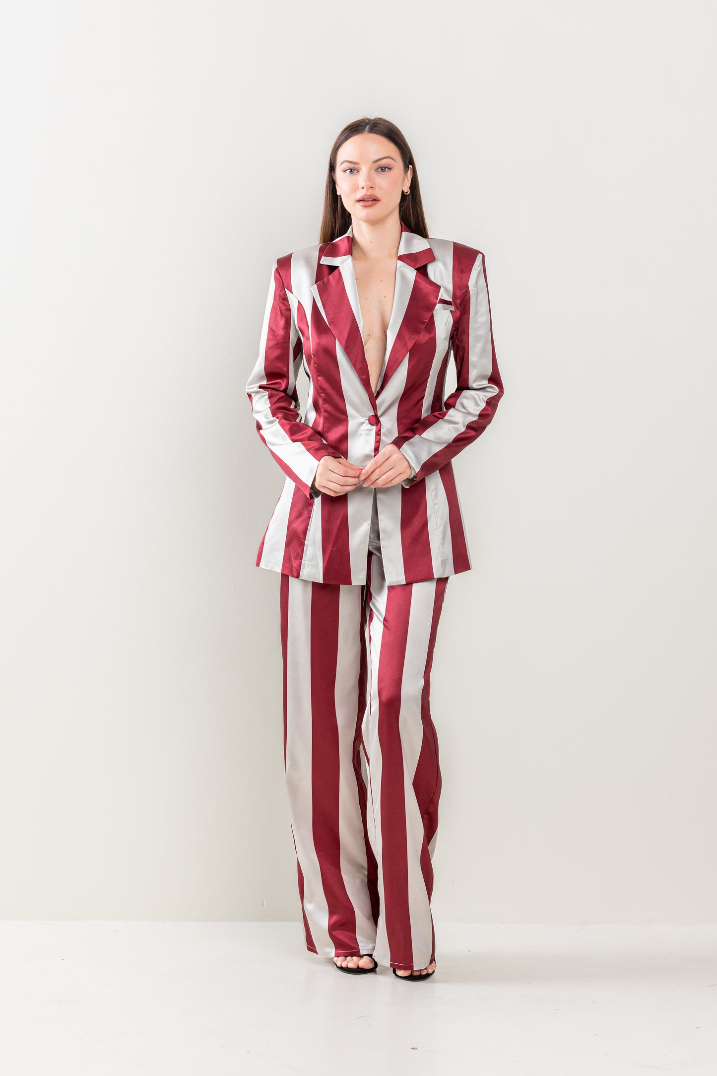 Pant Suit Stripe Jacket Long Pant Set Taupe/Burgundy
