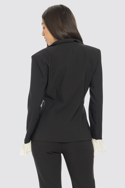 Pant Suit Pleated Contrast Inset Blazer Pant Set Black