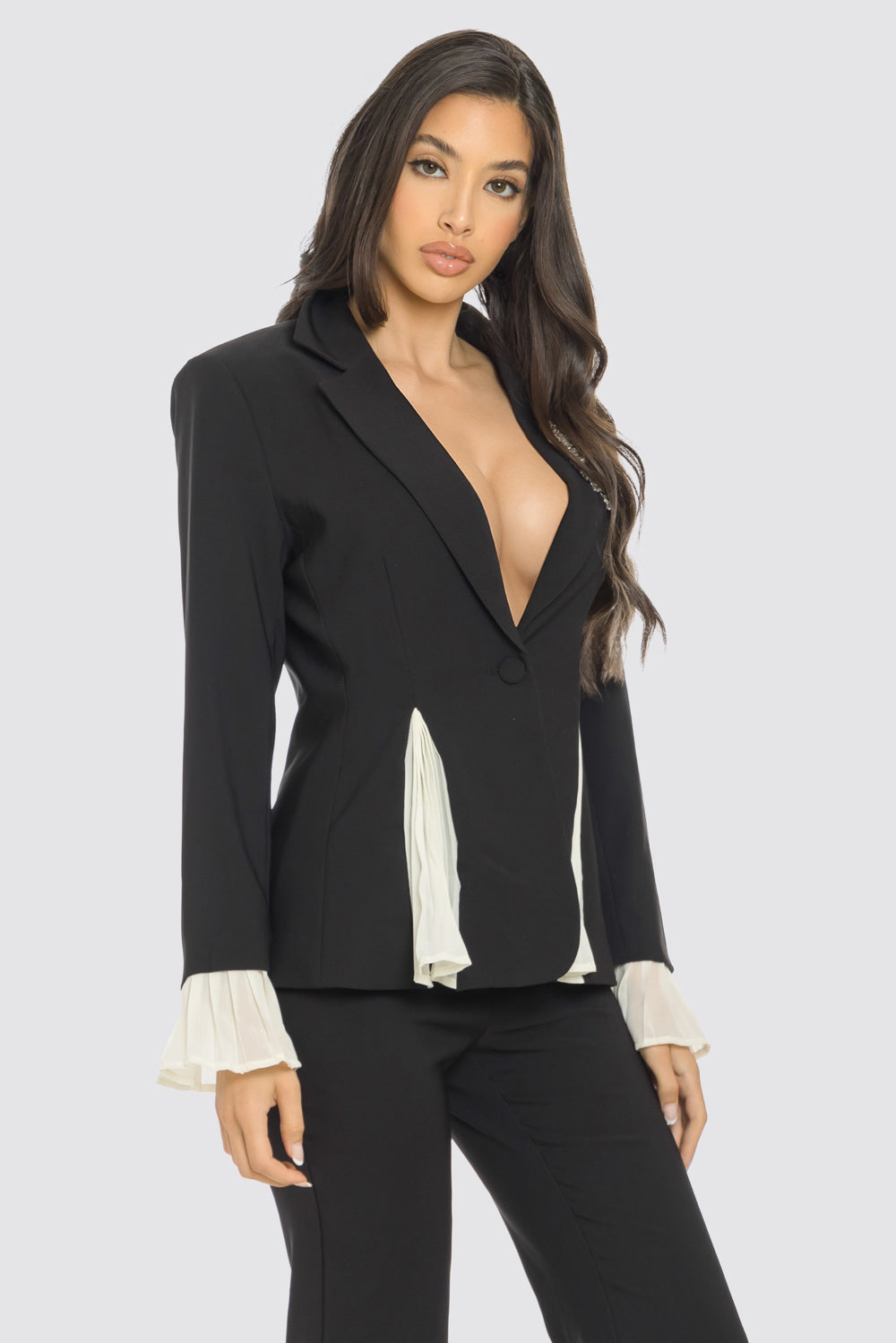 Pleated Contrast Inset Blazer Pant Set