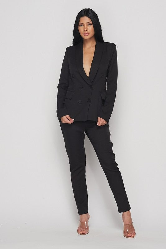 Pant Suit Front Buttons Long Sleeve Jacket Pant Set Black