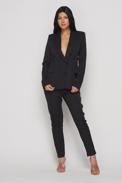 Pant Suit Front Buttons Long Sleeve Jacket Pant Set Black