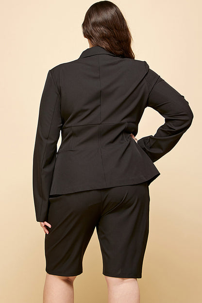 Pant Suit Plus Size Long Sleeve Jacket Biker Short Set Black