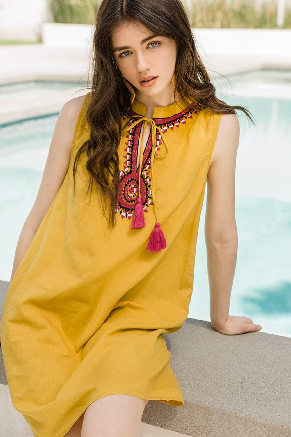 Short Sleeveless Embroidered Tassel Tie Dress