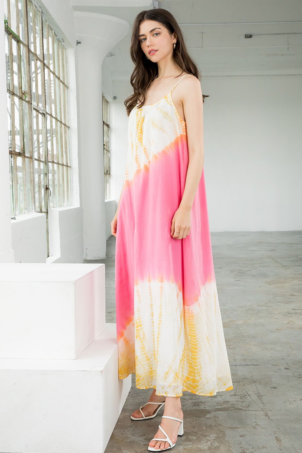 Spaghetti Straps Tie-Dye Gradient Satin Maxi Dress With Lace-Up Back