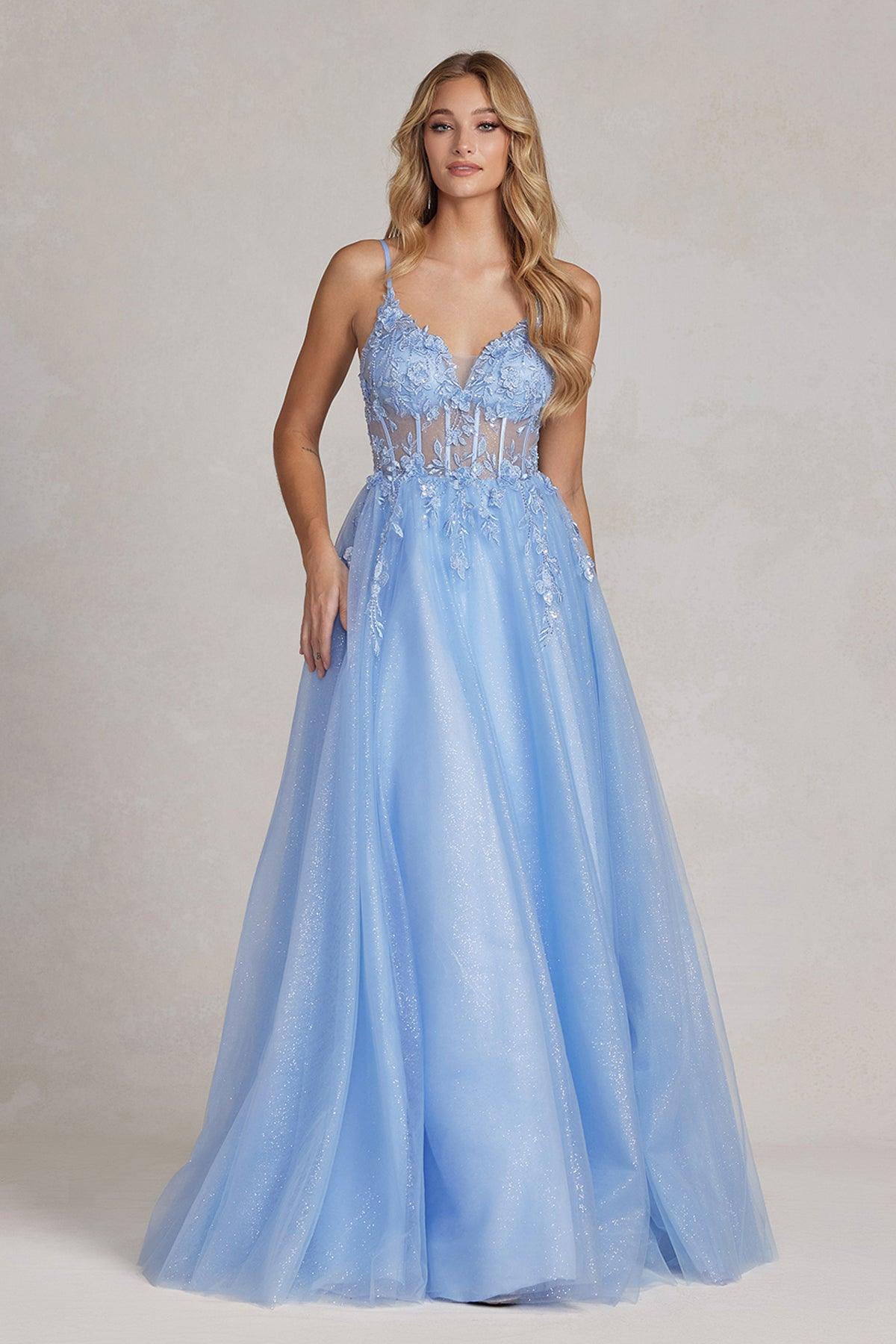 Nox Anabel T1083 Prom Long Spaghetti Strap Glitter Ball Gown Periwinkle