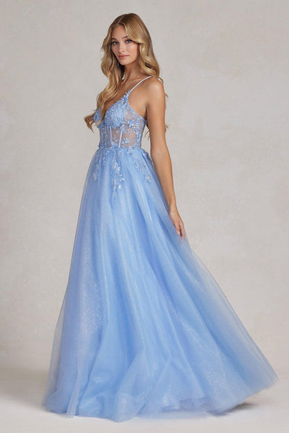 Nox Anabel T1083 Prom Long Spaghetti Strap Glitter Ball Gown Periwinkle