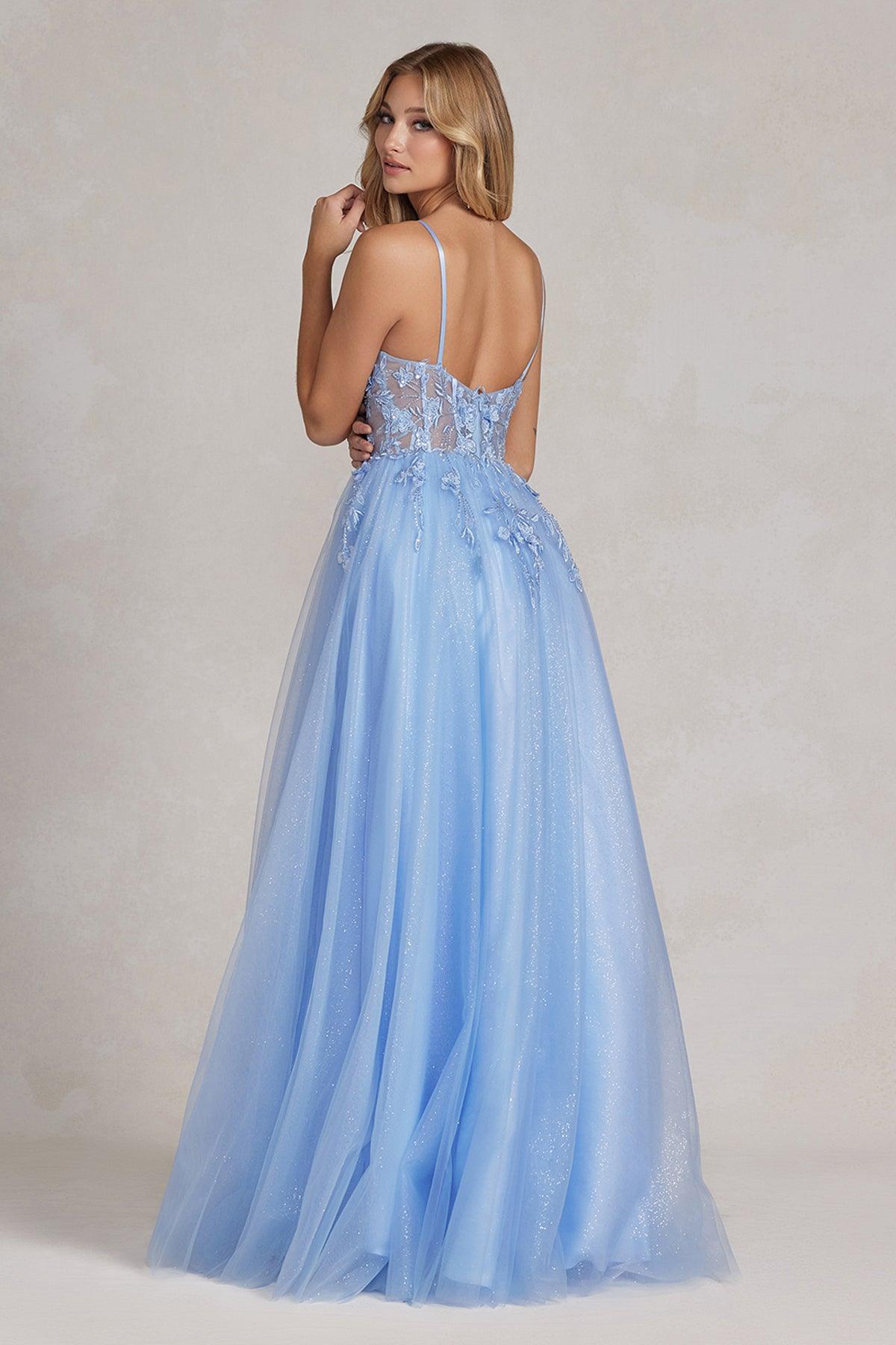 Nox Anabel T1083 Prom Long Spaghetti Strap Glitter Ball Gown Periwinkle