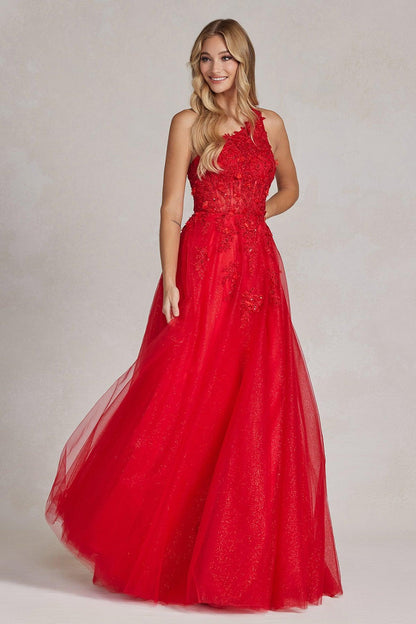 Nox Anabel T1143 Long One Shoulder A Line Prom Gown Red