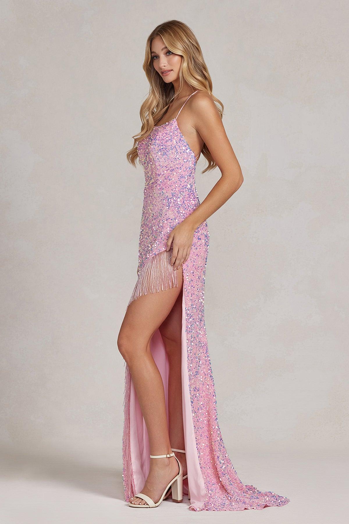 Nox Anabel T1209 Long Formal Fringe Slit Prom Gown Pink