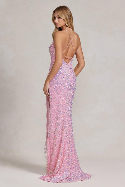 Nox Anabel T1209 Long Formal Fringe Slit Prom Gown Pink