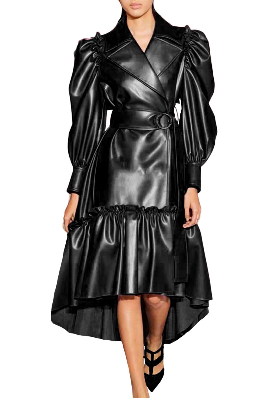 Black Long Sleeve Tiered Belt High Low Faux Leather Coat Dress for $159