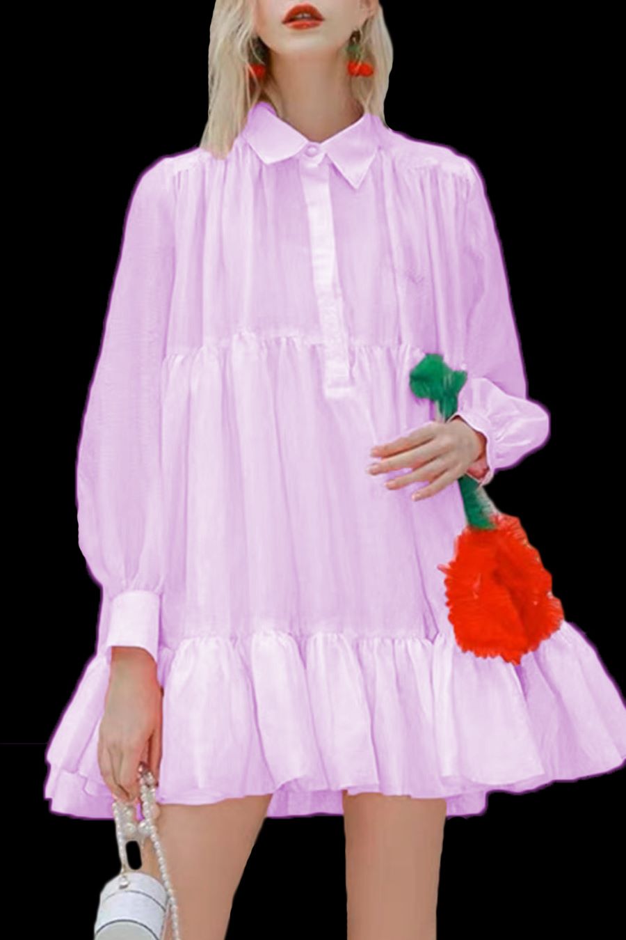 Long Sleeve Cherry Tulle Collared Short Dress