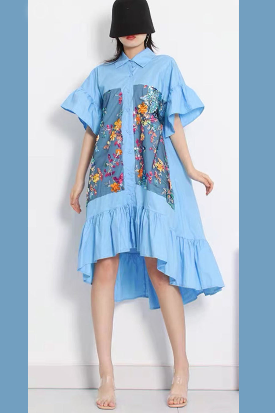 Short Sleeve Button Down Sequin High Low Dress