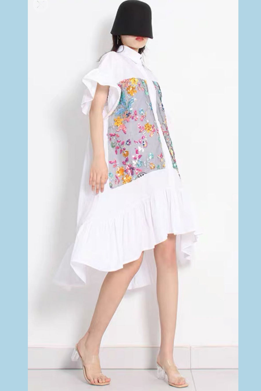 Short Sleeve Button Down Sequin High Low Dress