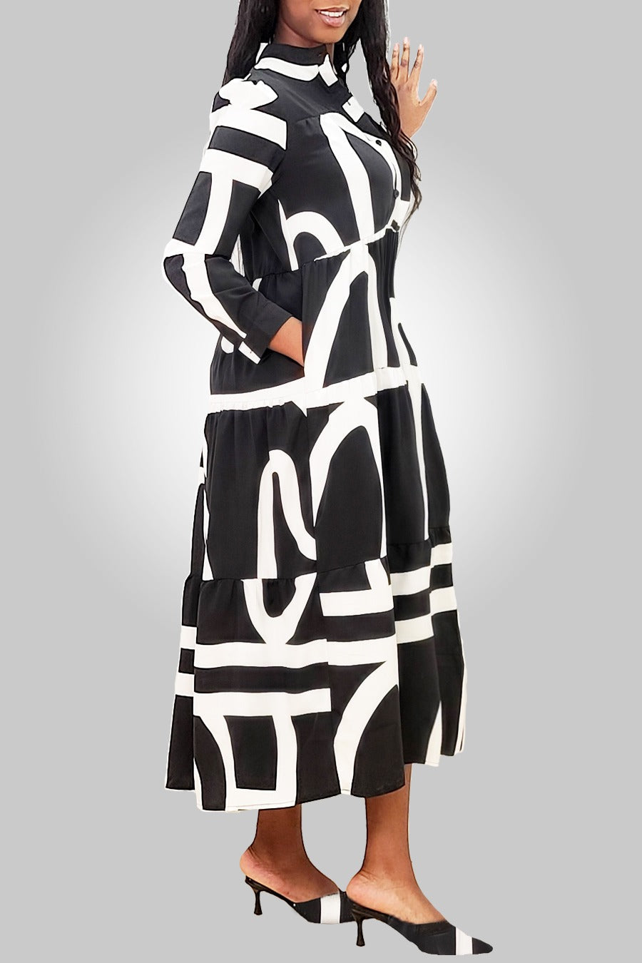 Long Sleeve Tiered Cotton Midi Dress