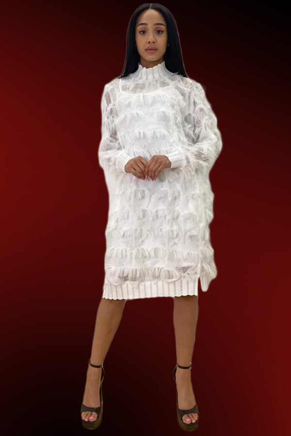 Long Sleeve Fringe Feathered Lavish High Neck Short Dress
