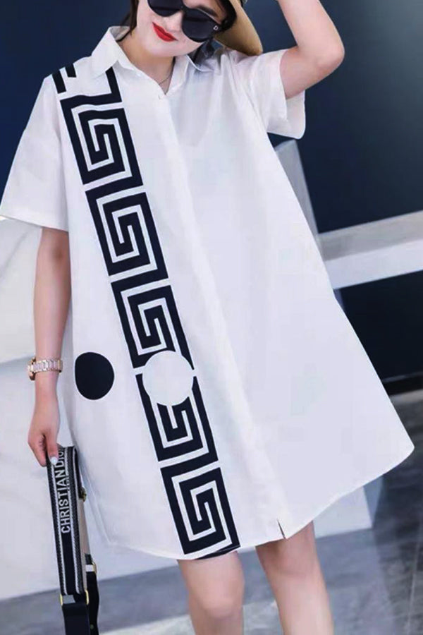 Cocktail Dresses Short Sleeve Greek Pattern Button Down Dress White
