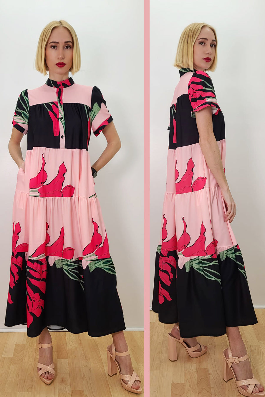 Short Sleeve High Neck Tiered Long Dress