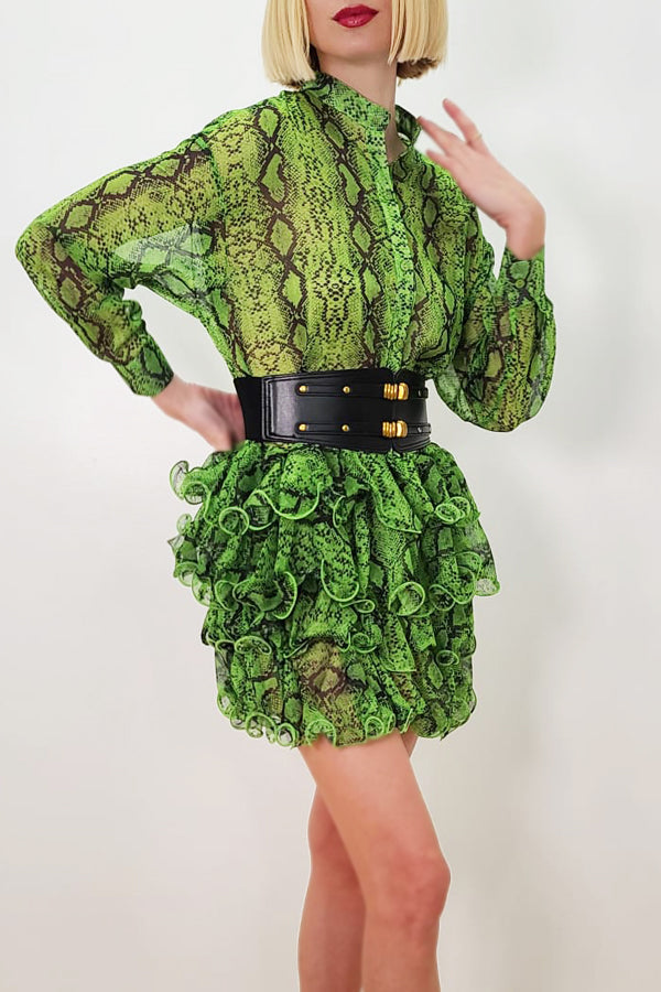 Cocktail Dresses Long Sleeve Snakeskin Print Ruffle Chiffon Short Dress Green