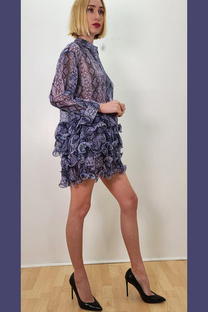 Cocktail Dresses Long Sleeve Snakeskin Print Ruffle Chiffon Short Dress Purple