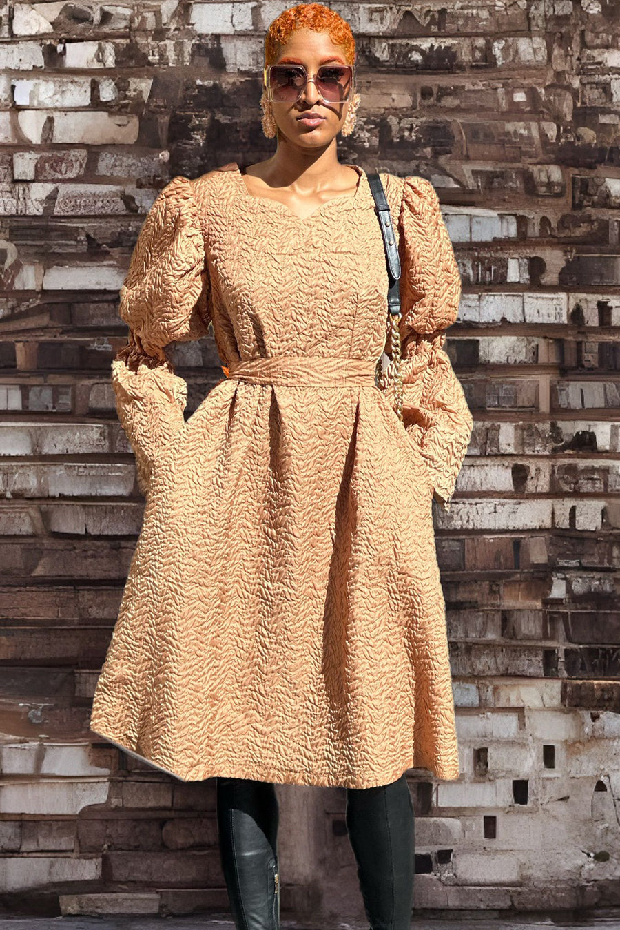 Cocktail Dresses Long Sleeve V Neck Popcorn Short Dress Beige