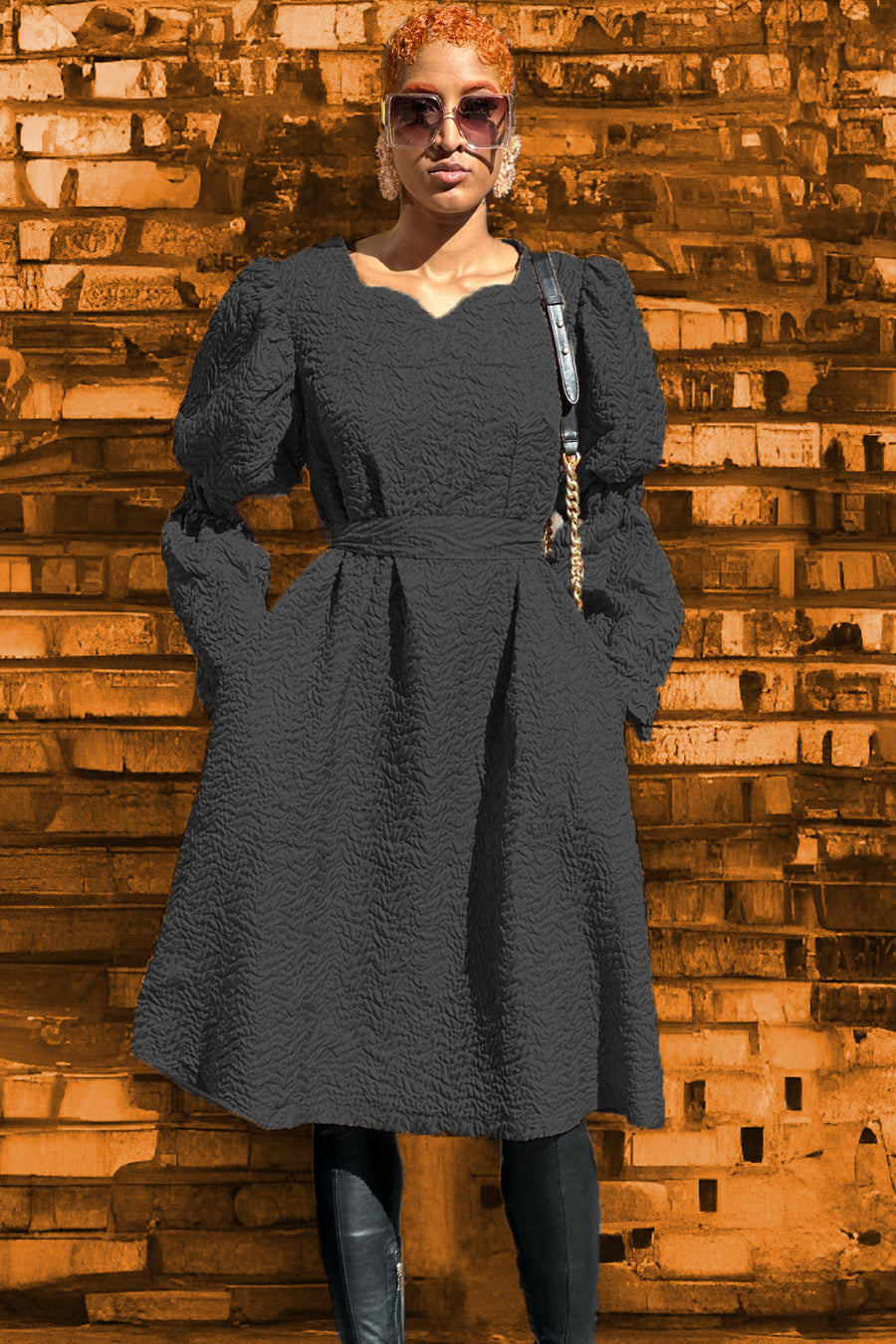 Long Sleeve V Neck Popcorn Short Dress