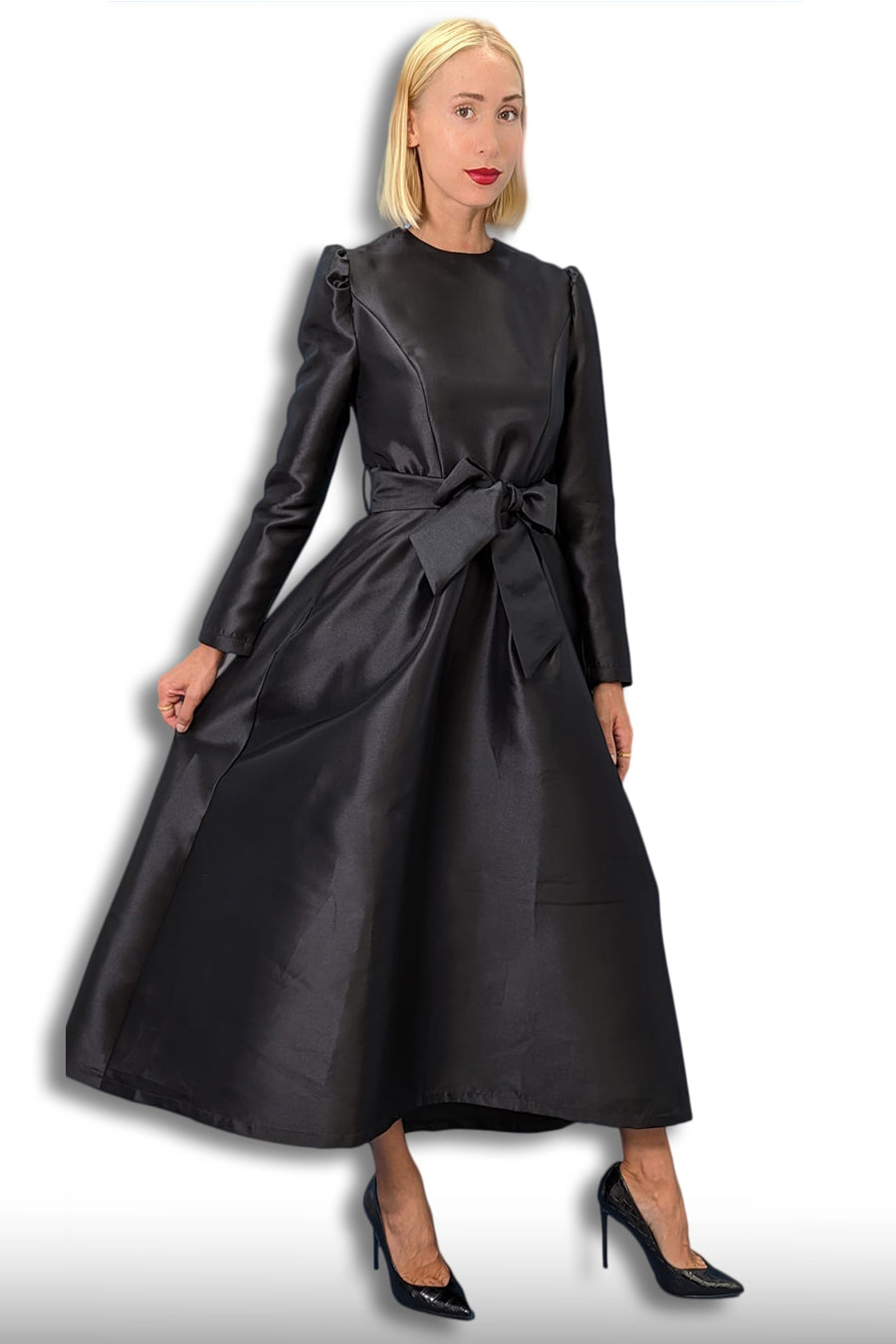 Long Sleeve Wrap Belt Pockets Satin Midi Dress
