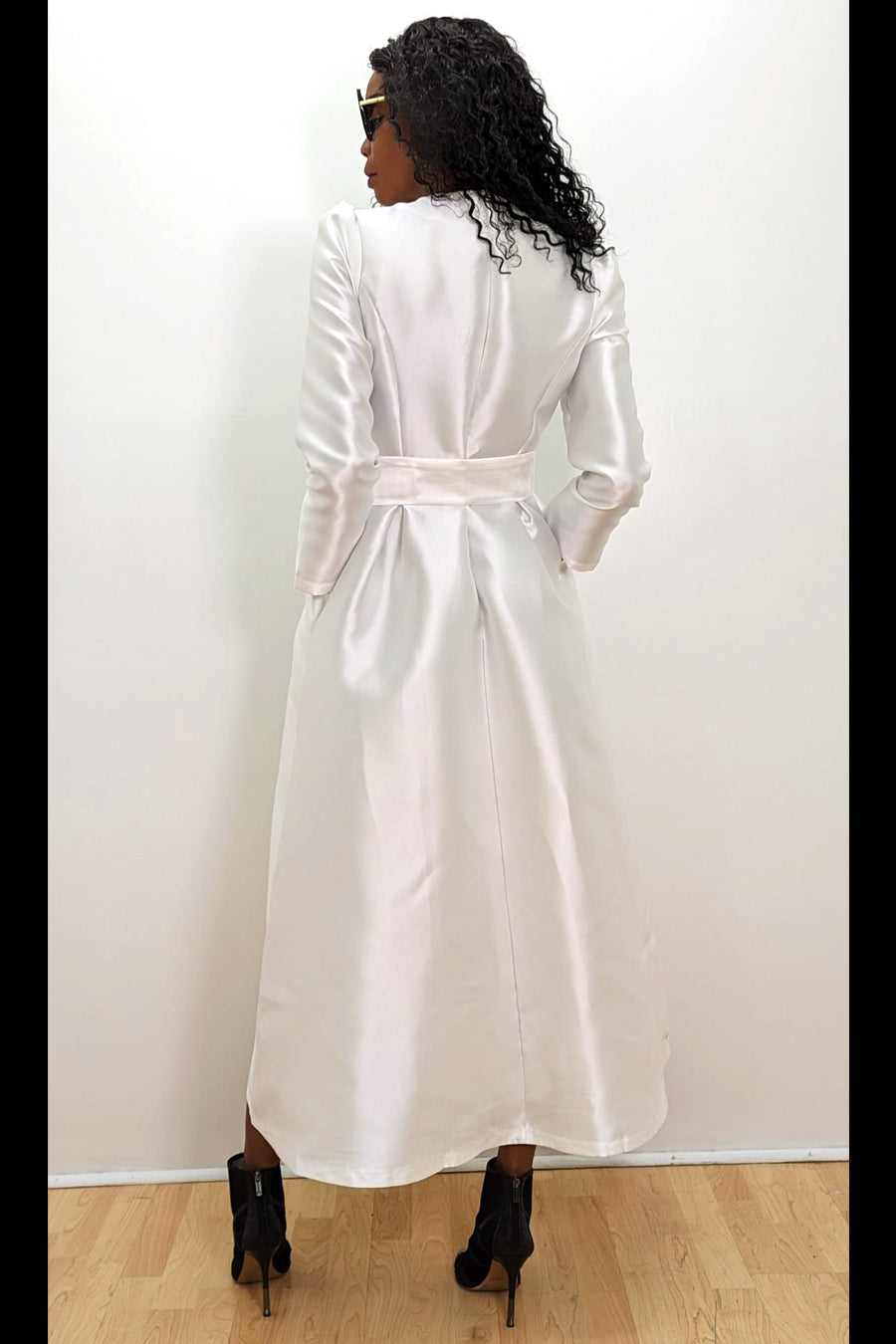 Long Sleeve Wrap Belt Pockets Satin Midi Dress