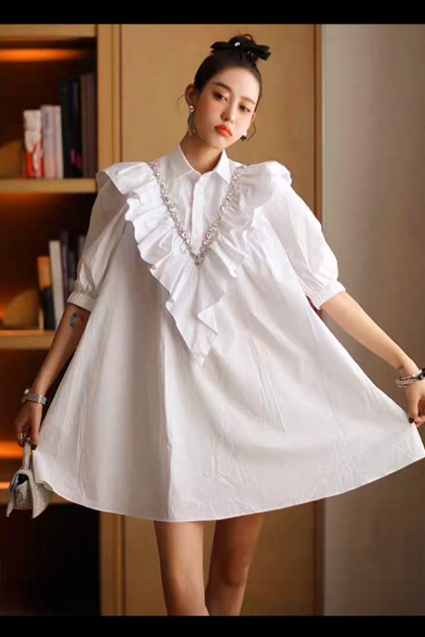 Half Sleeve Rhinestones Collar Ruffle Short Dress