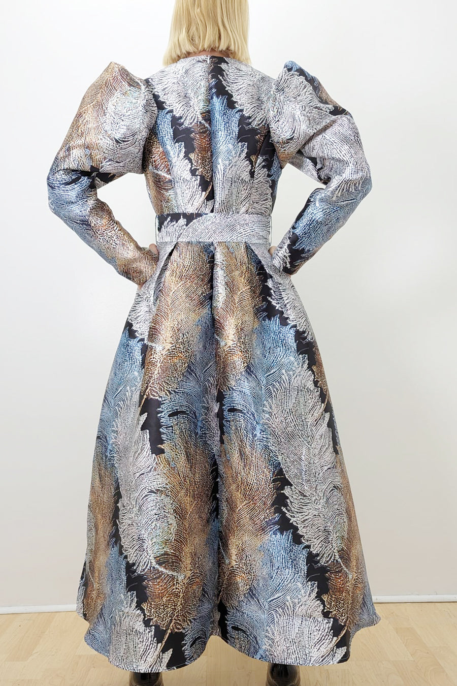 Puff Long Sleeve Wrap Belt Pockets Dress
