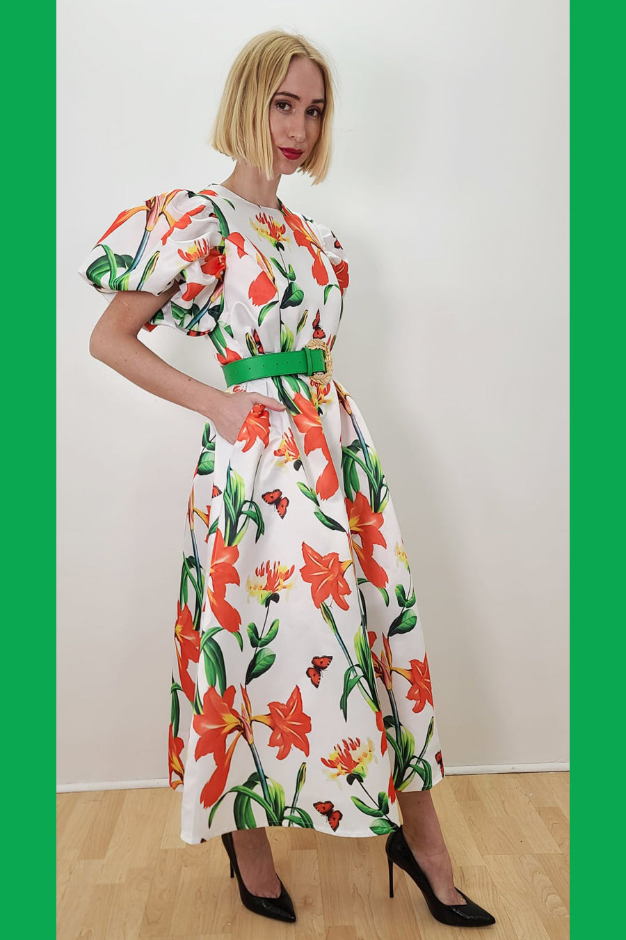 Puff Sleeve Flower Print Pockets Midi Dress