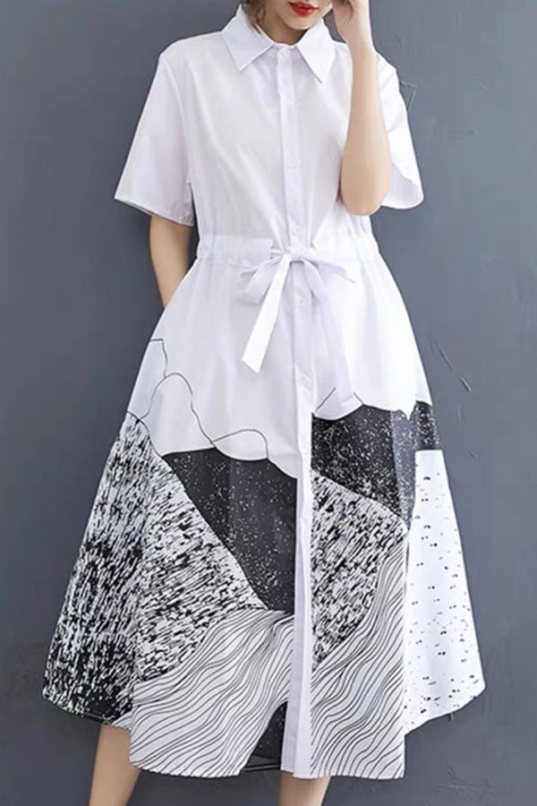 Cocktail Dresses Short Sleeve Button Down Drawstring Midi Dress White